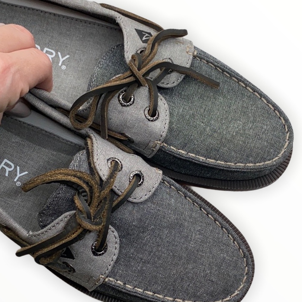 Sperry Men’s Dark Grey Size 7 Boat Shoes Gray Chambray Black Sneakers Moccasins